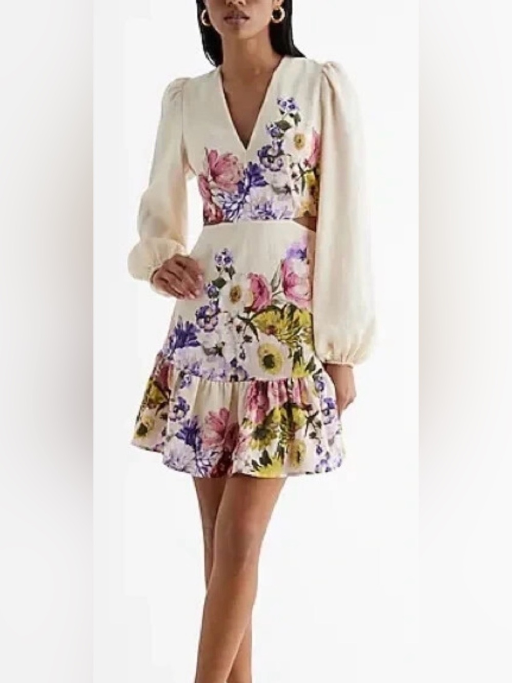 Express Cream Floral V-Neck Long Sleeve Mini Dress with Pink & Purple Blooms